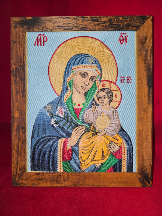8x10 Fully Embroidered “Unfading Flower Icon of the Mother of God Byzantine Orthodox Christian Icon