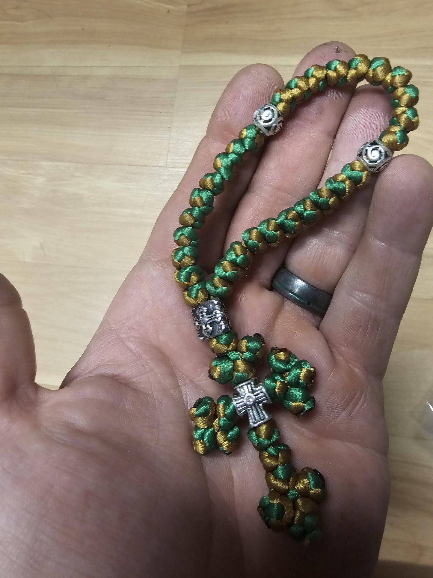 30 Knot Green and Gold Orthodox Prayer Rope Komboskini-Brojanica~Chotki