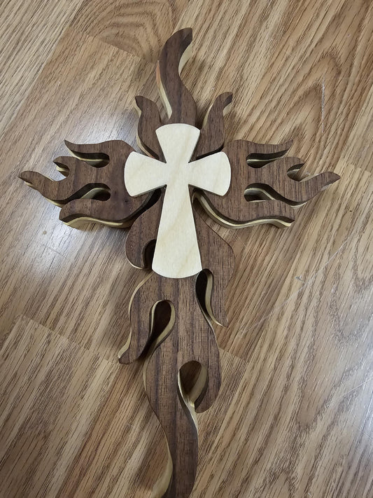 Wooden Scroll Sawed Flaming Wall Cross