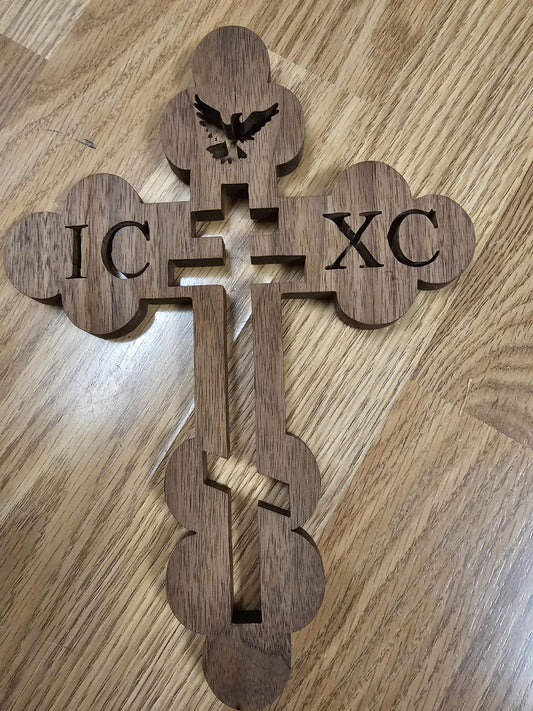 Wooden Scroll Sawed Walnut Orthodox Wall Cross