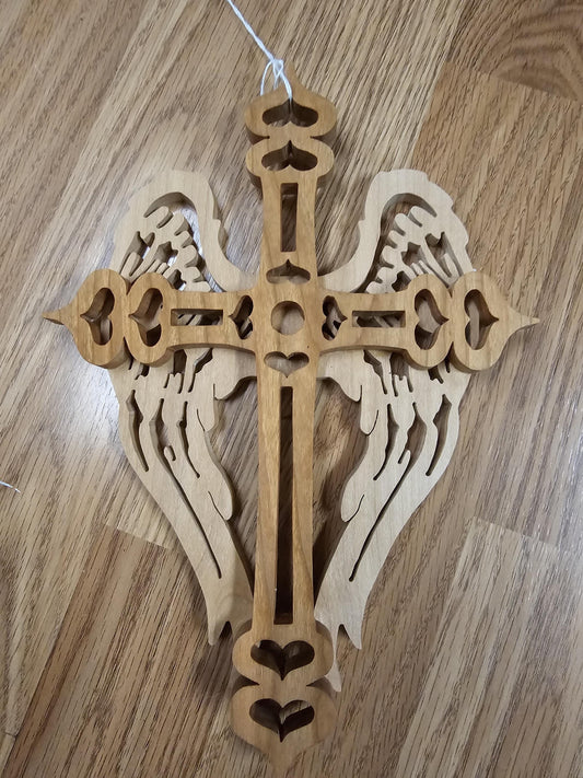 Wooden Scroll Sawn Angel Wings Wall Cross