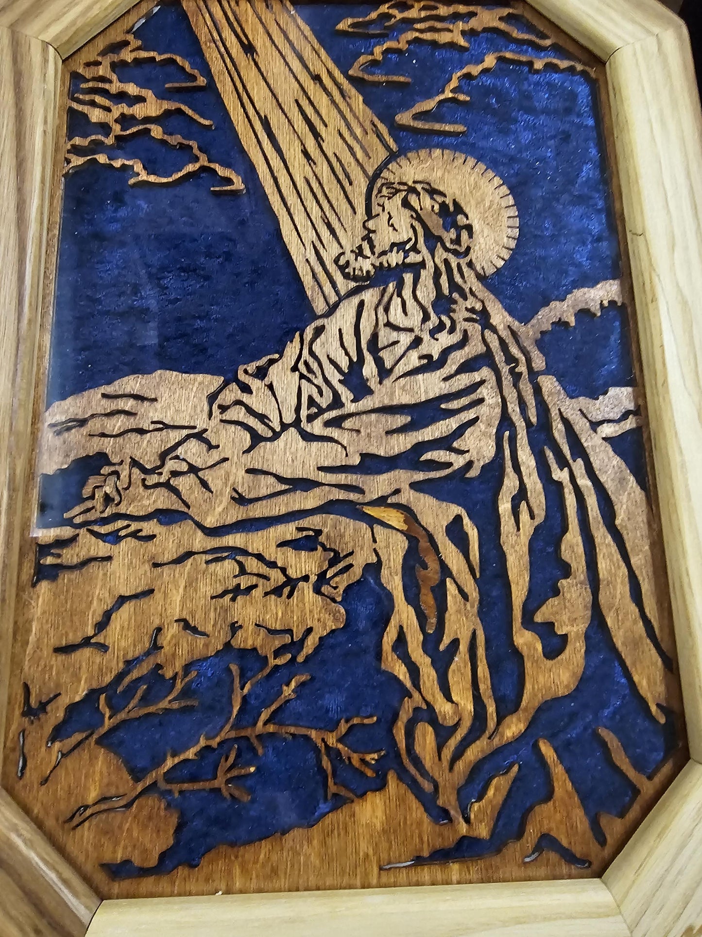 Wooden Scroll Sawn Jesus Christ in the Garden of Gethsemane Scene