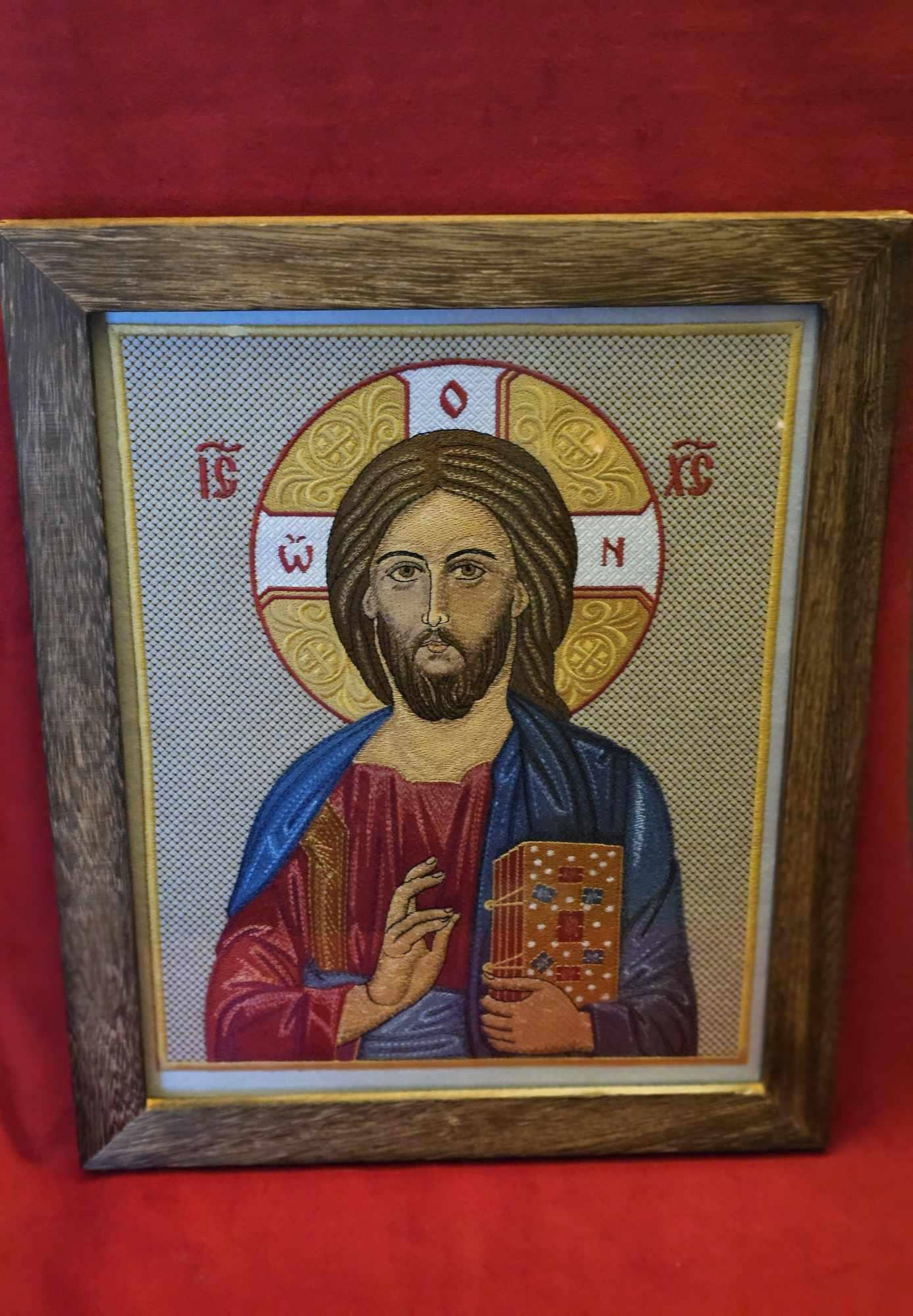 Jesus Christ Pantocrator Embroidered Orthodox Icon 10.4×13.22 in, Framed 11×14