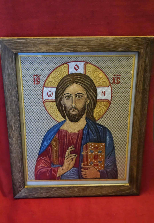 Jesus Christ Pantocrator Embroidered Orthodox Icon  10.4×13.22 in, Framed 11×14