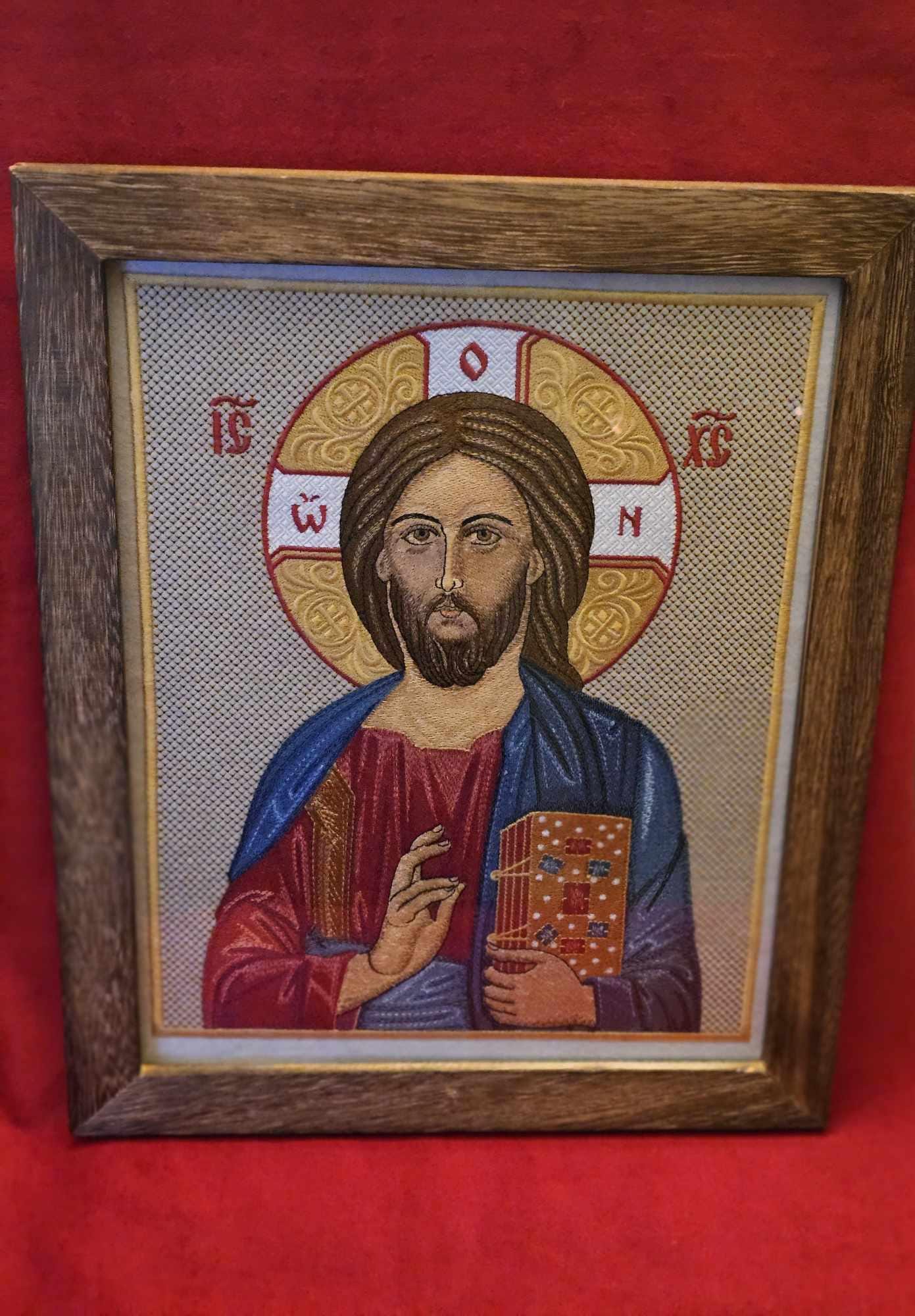 Jesus Christ Pantocrator Embroidered Orthodox Icon 10.4×13.22 in, Framed 11×14