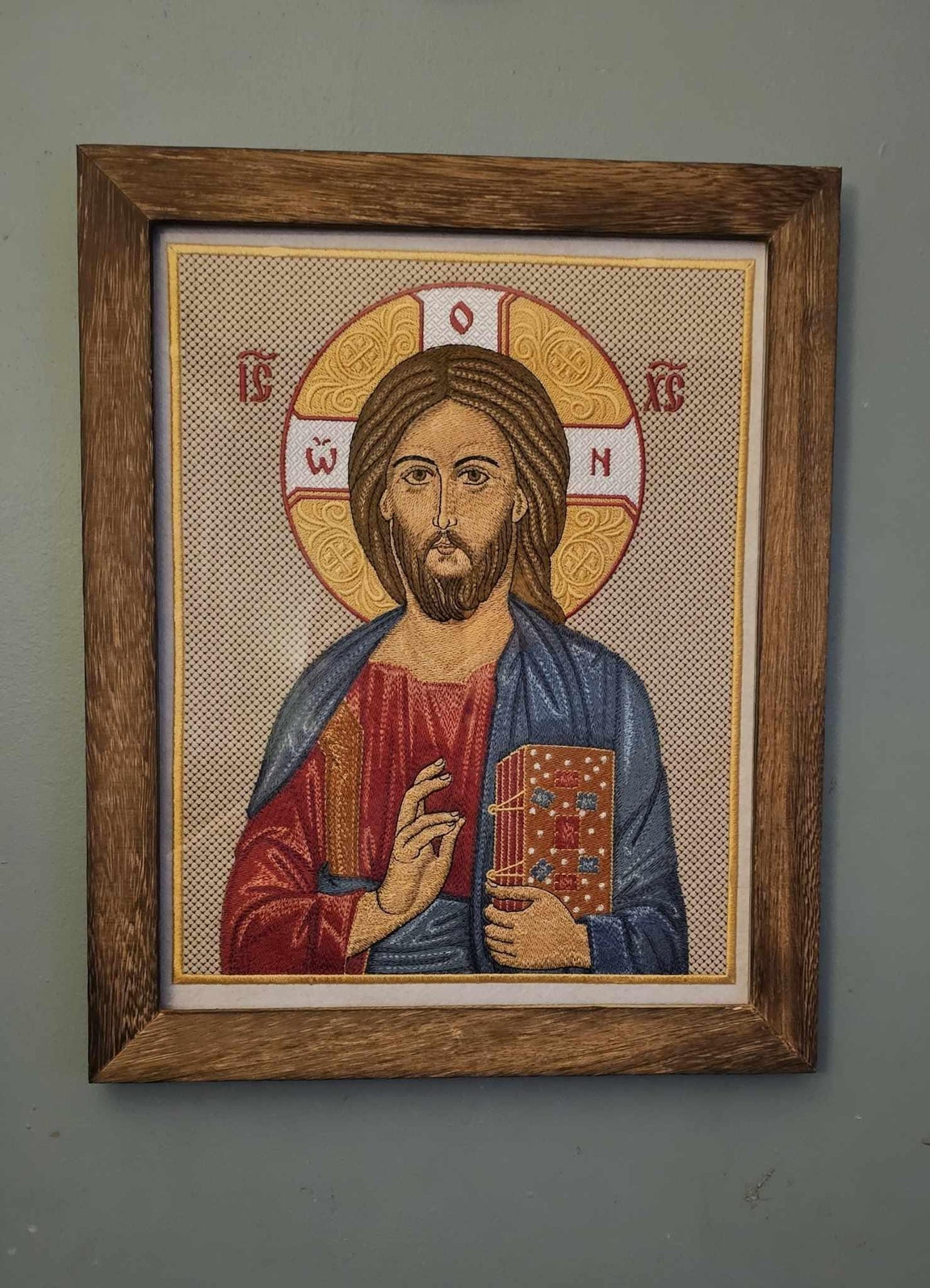 Jesus Christ Pantocrator Embroidered Orthodox Icon 10.4×13.22 in, Framed 11×14