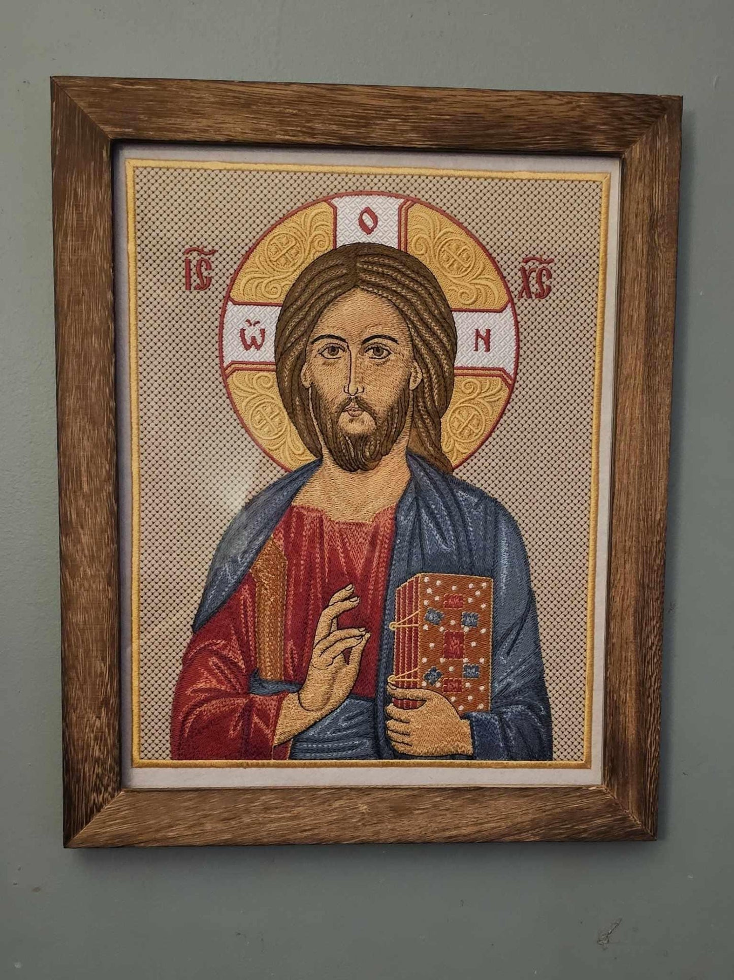 Jesus Christ Pantocrator Embroidered Orthodox Icon 10.4×13.22 in, Framed 11×14