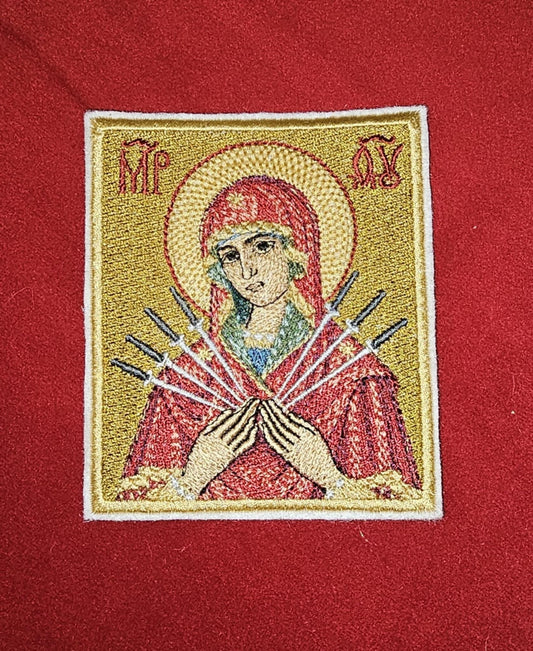 3.5x4" Seven Arrows Icon of the Virgin Mary Orthodox Embroidered Pocket Icon or Patch