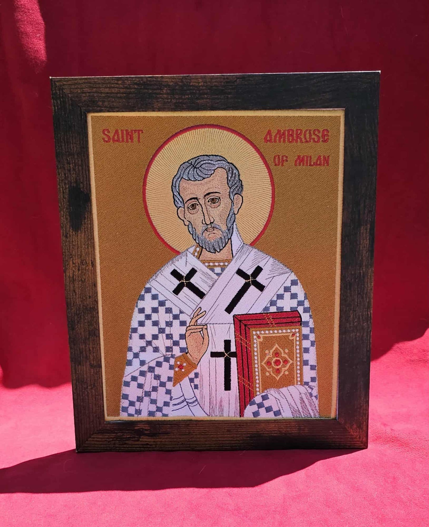 Saint Ambrose of Milan Orthodox Icon  8x10 Fully Embroidered Handmade Christian Gift