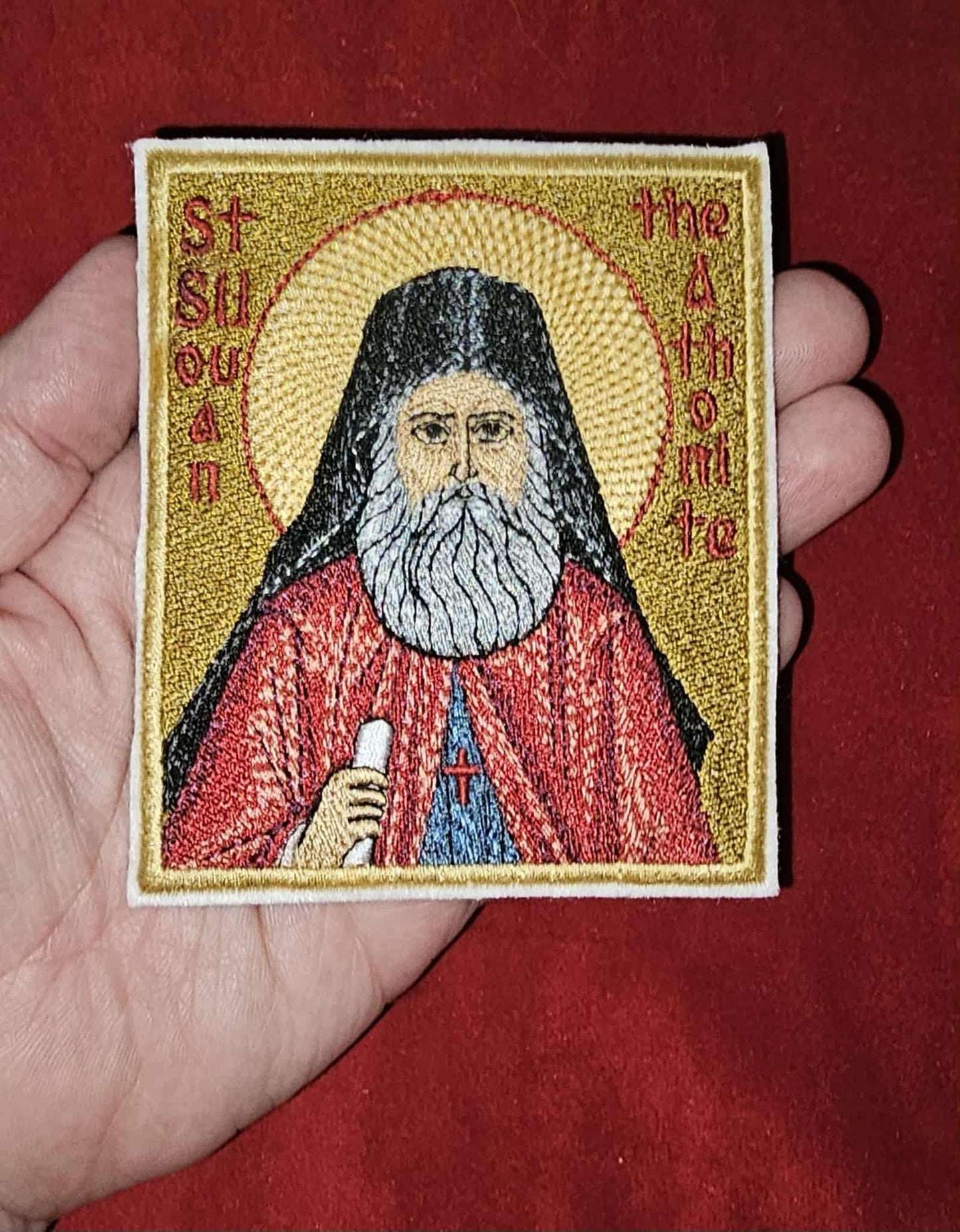 Saint Silouan the Athonite Orthodox Embroidered Pocket Icon  3.35x3.94" Handmade Christian Patch