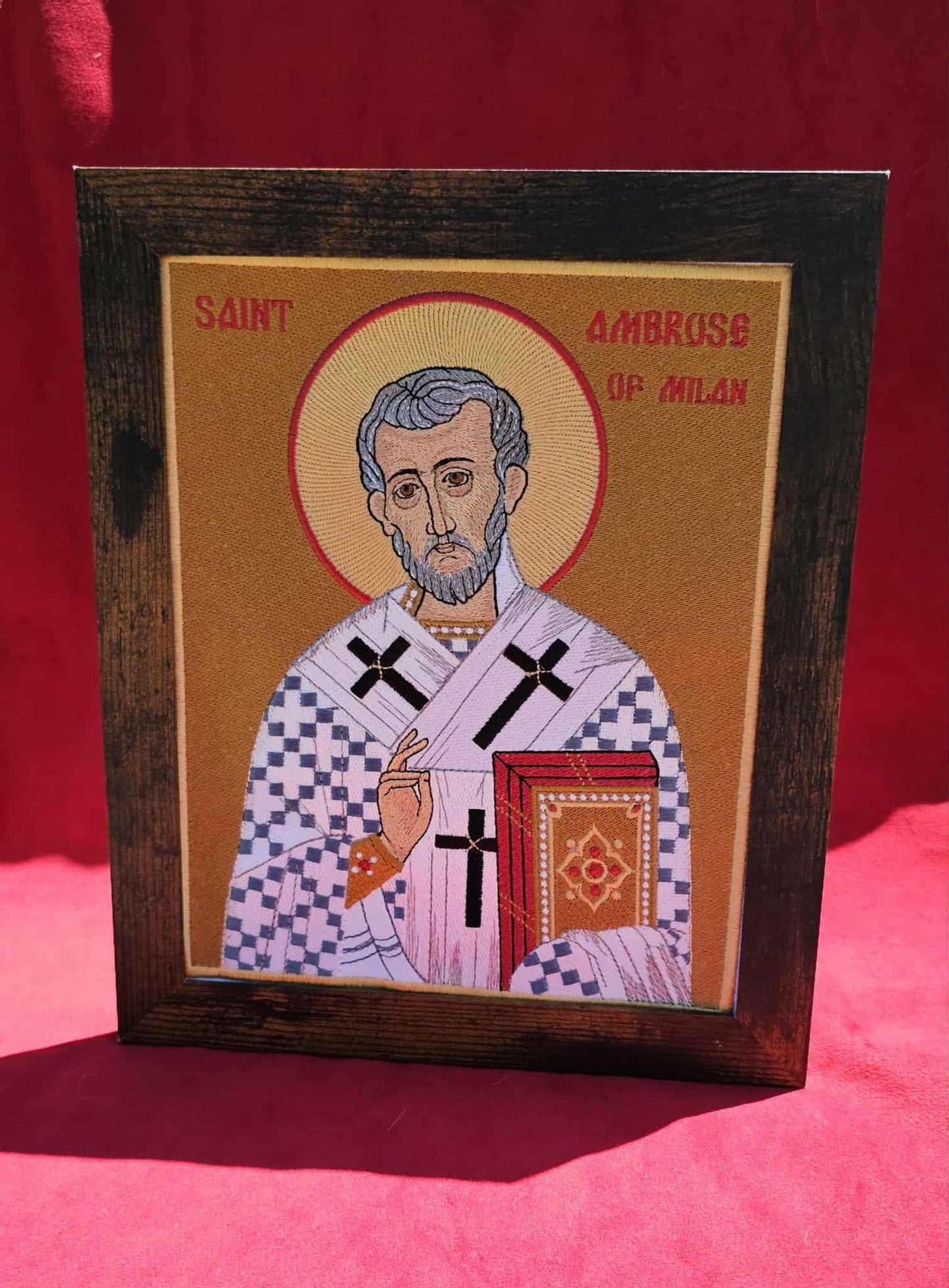 Saint Ambrose of Milan Orthodox Icon  8x10 Fully Embroidered Handmade Christian Gift