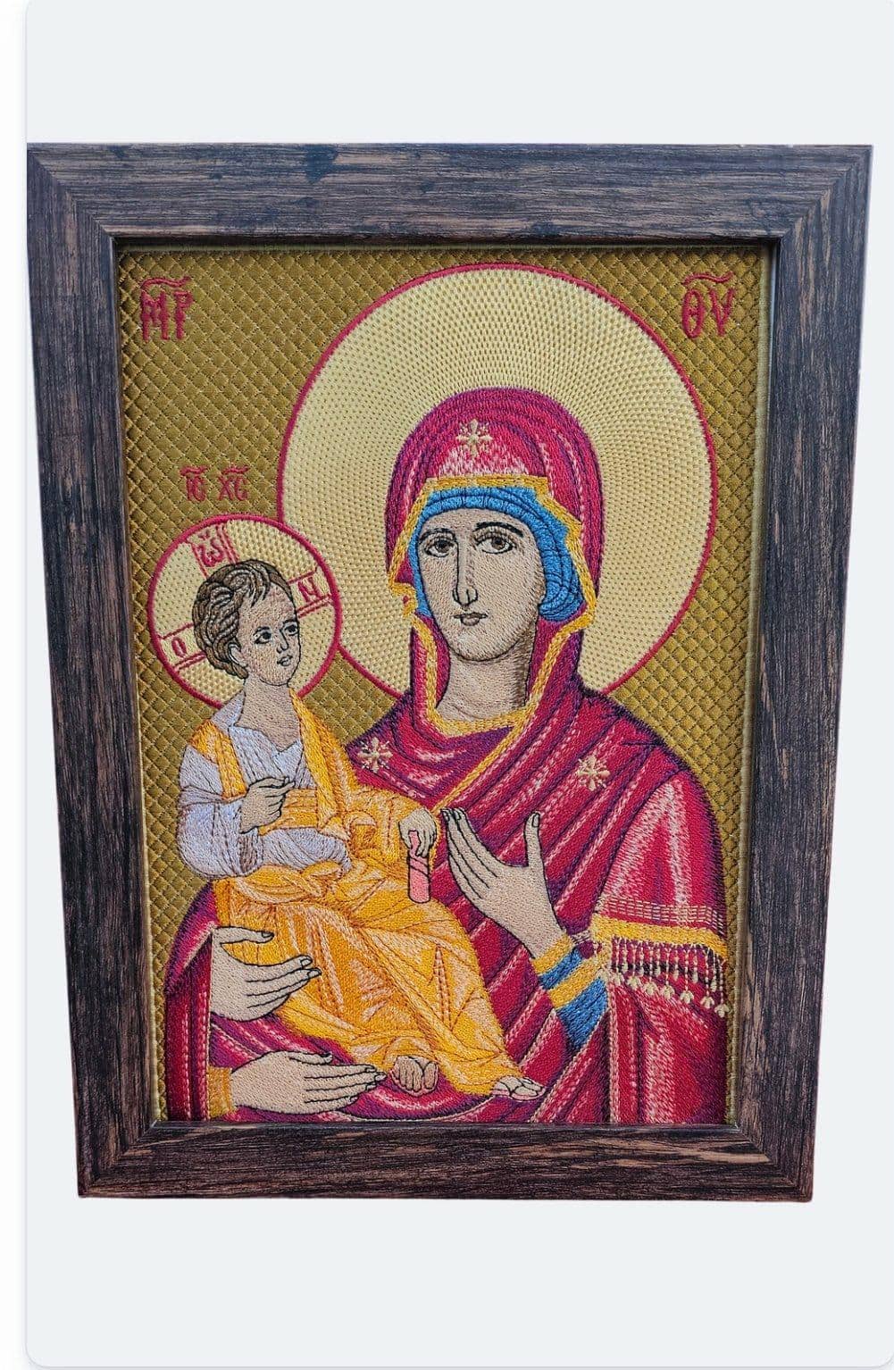 8x11 Fully Embroidered Three-Handed Theotokos Icon | Panagia Tricherousa | Byzantine Orthodox Christian Icon | Framed
