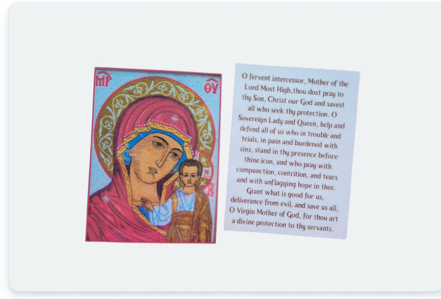 Our Lady of Kazan Orthodox Prayer Card | Mother of God Icon with Prayer | Pocket Devotional 2 7/16 x 3 5/16