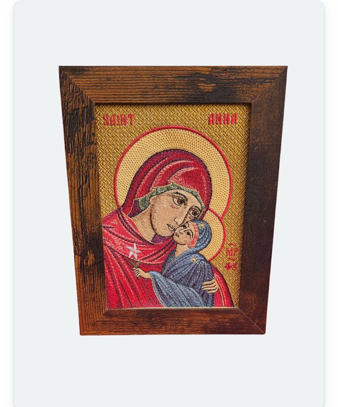 Saint Anna with the Theotokos Orthodox embroidered icon, 5x7, framed