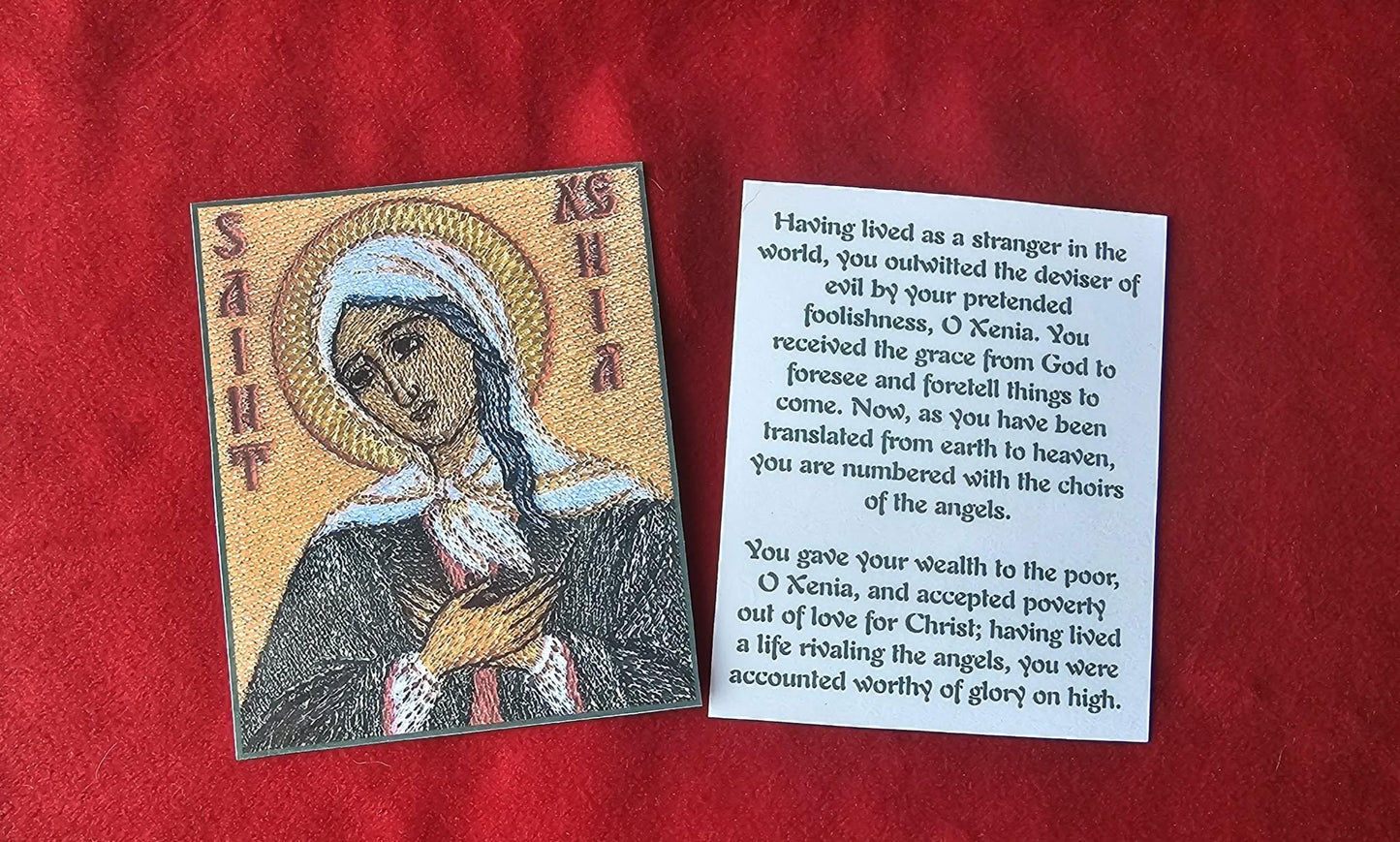 Saint Xenia of Saint Petersburg Laminated Orthodox Prayer Card embroidered icon