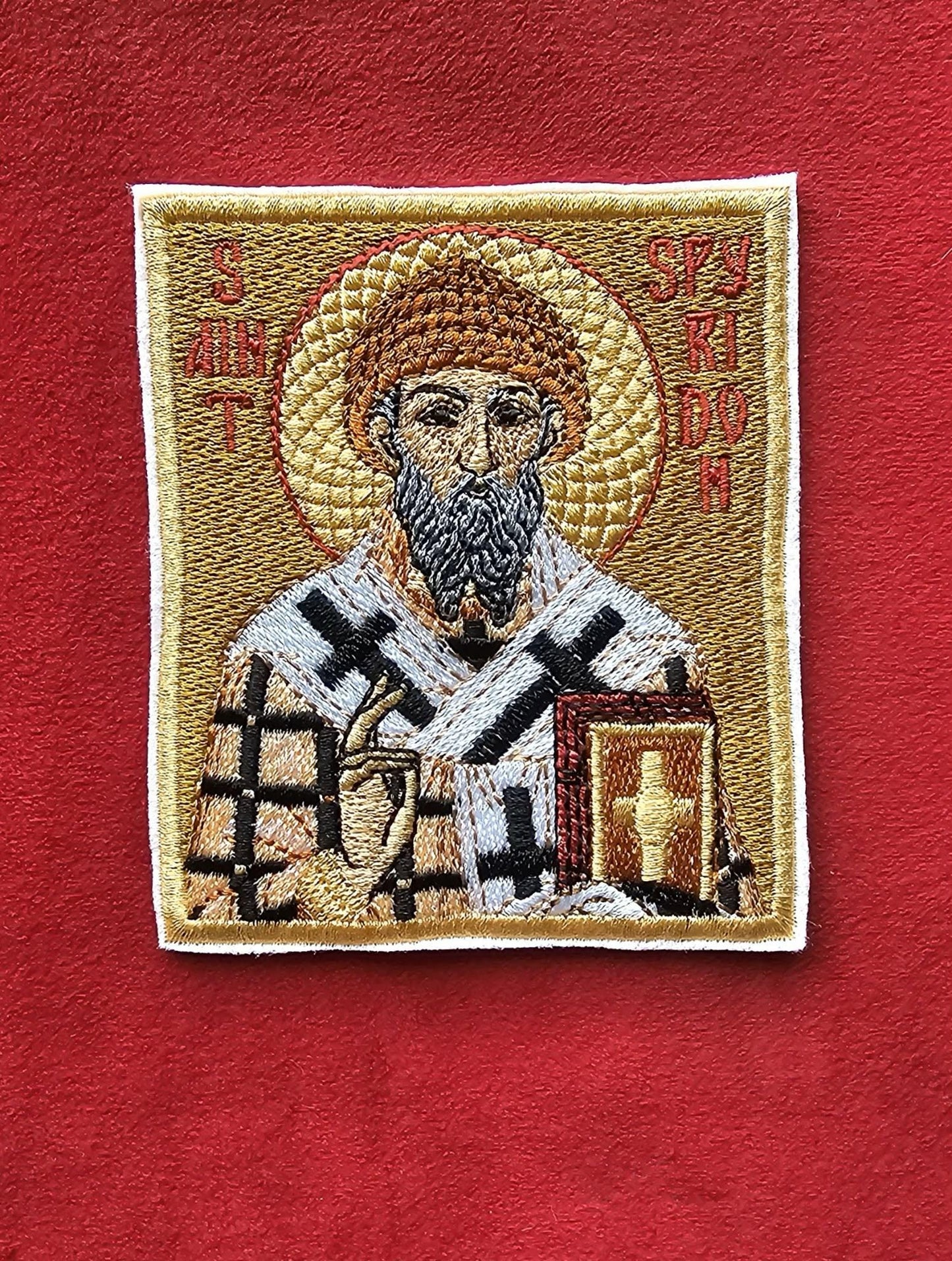Saint Spyridon Embroidered Pocket Icon 3.35x3.94 Orthodox Icon Patch or Prayer Icon, Handmade Saint Spyridon of Trimythous