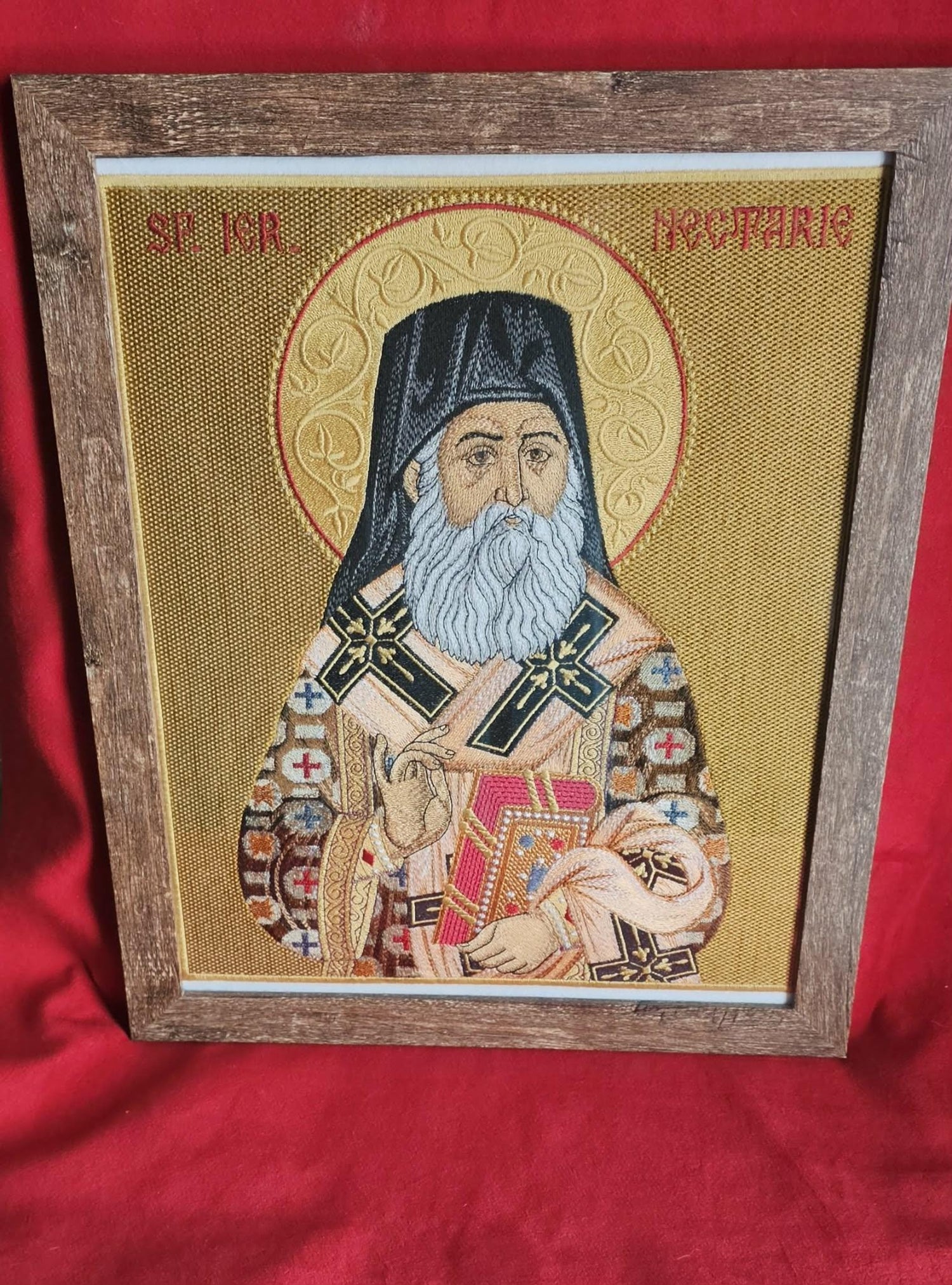 Saint Nectarios of Aegina Orthodox Icon – Framed – 11x14 – Embroidered