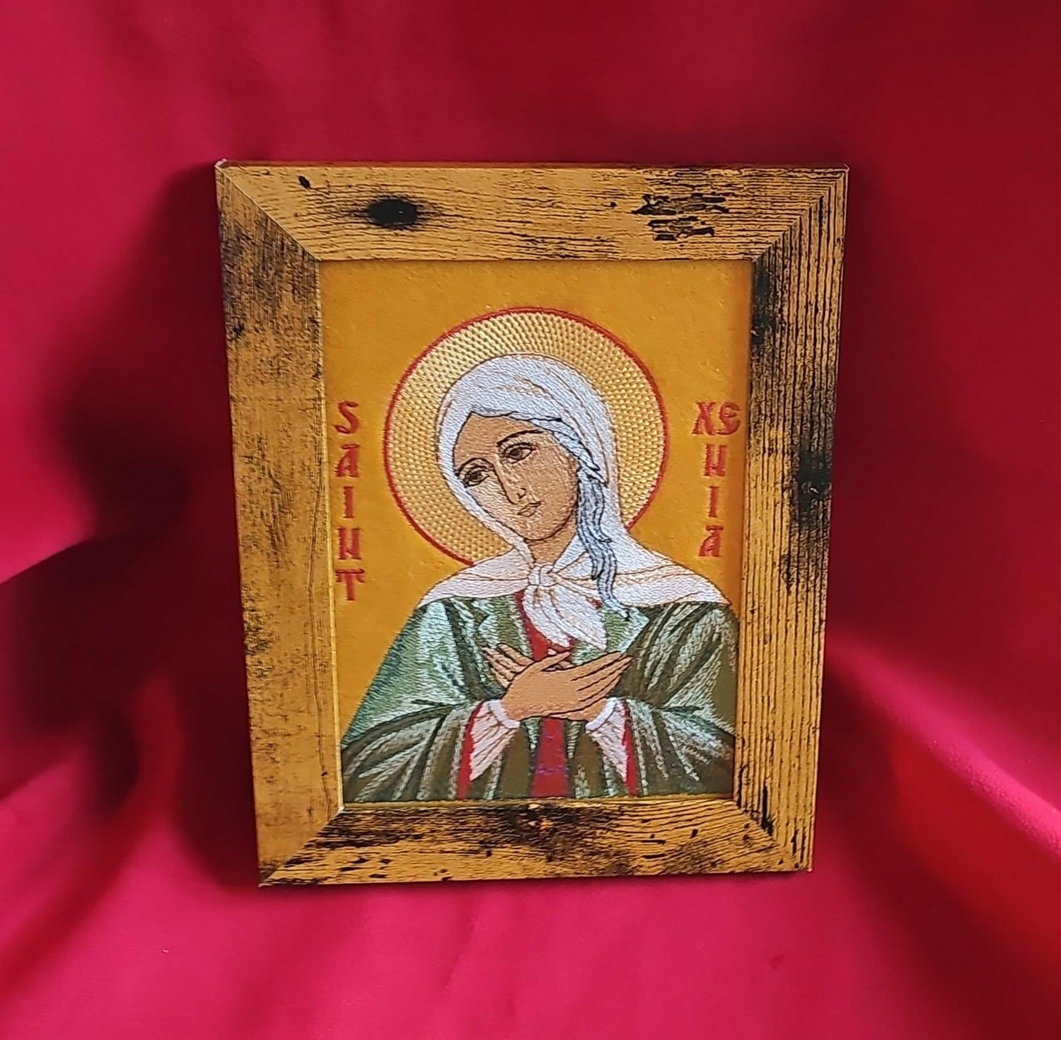 Saint Xenia of St. Petersburg Machine Embroidered Orthodox Icon5×7 Framed Byzantine Style Christian Art