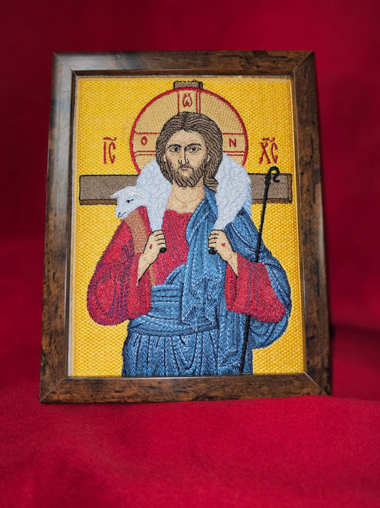 Jesus Christ The Good Shepherd 6x8 Framed Icon, Byzantine Orthodox Christian Icon