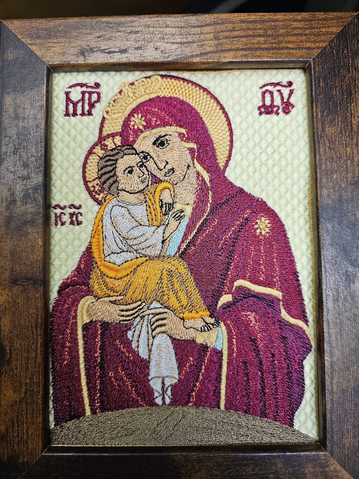 5x7 Embroidered Theotokos of Pochayiv, Virgin Mary Icon, Byzantine Orthodox Christian Icon