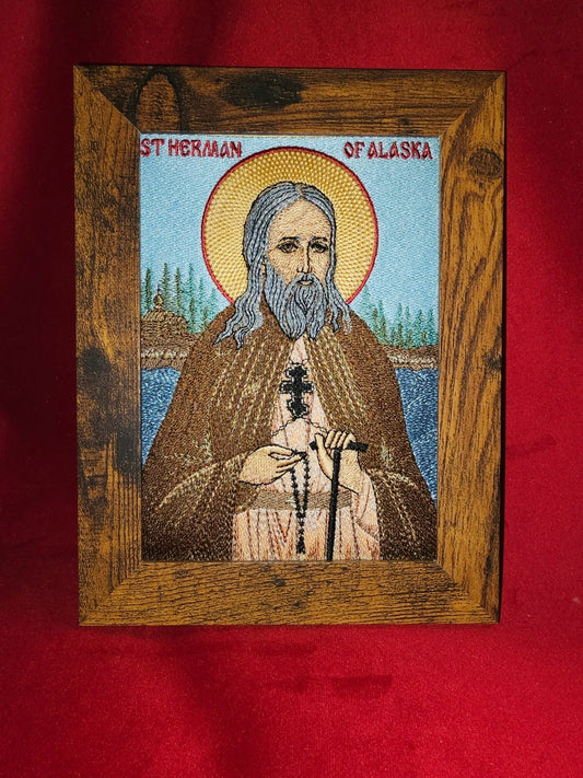 Handmade Embroidered 5x7 St. Herman of Alaska Orthodox Icon - Religious Art, Home Decor