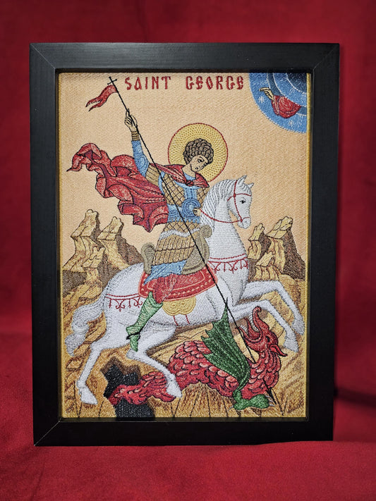 Handmade 8x11 St. George And The Dragon Embroidered Orthodox Icon - Religious Art, Christian Home Decor