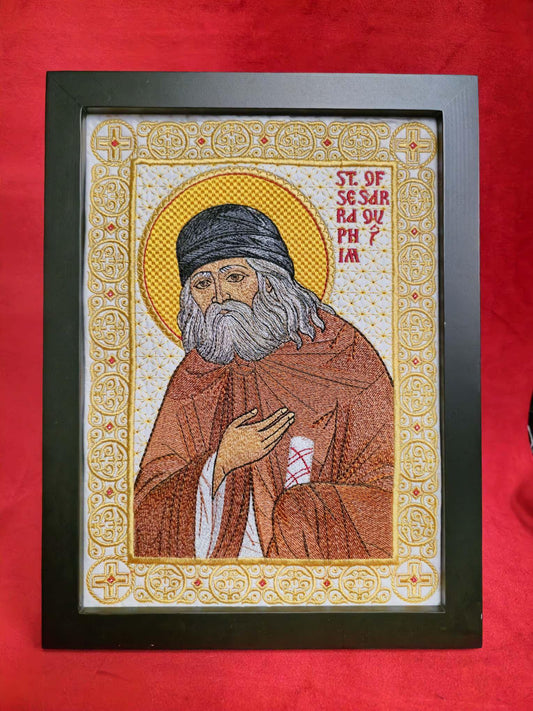 Handmade 8x11 St. Seraphim of Sarov Embroidered Orthodox Icon - Religious Art, Christian Home Decor