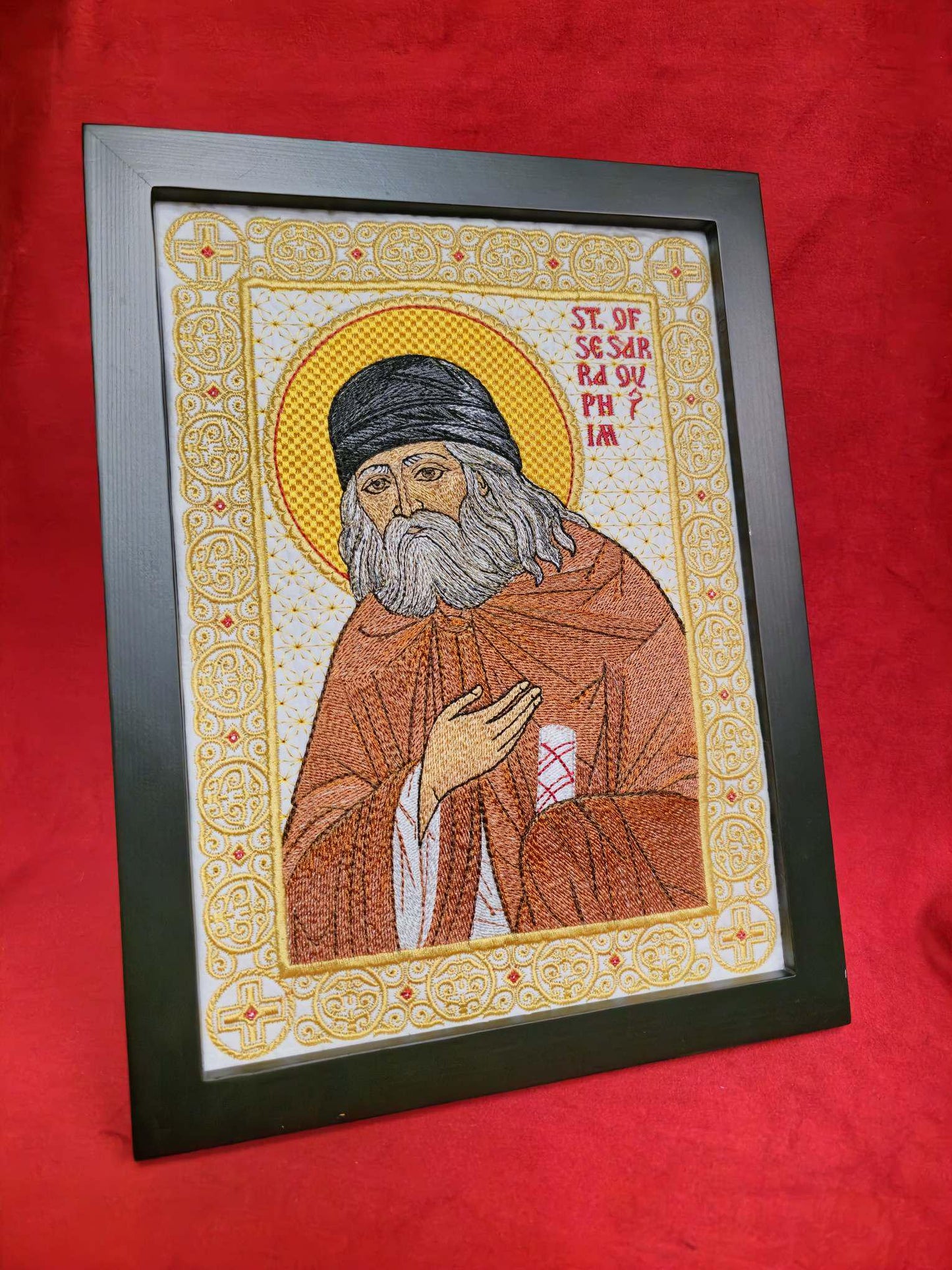 Handmade 8x11 St. Seraphim of Sarov Embroidered Orthodox Icon - Religious Art, Christian Home Decor