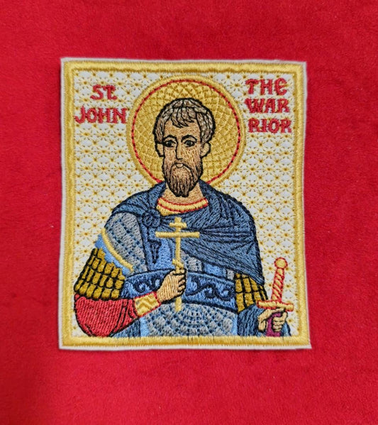 Handmade Embroidered Orthodox Pocket Icon of St. John the Warrior - 4x3.4 inches