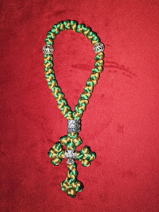 30 Knot Green and Gold Orthodox Prayer Rope Komboskini-Brojanica~Chotki