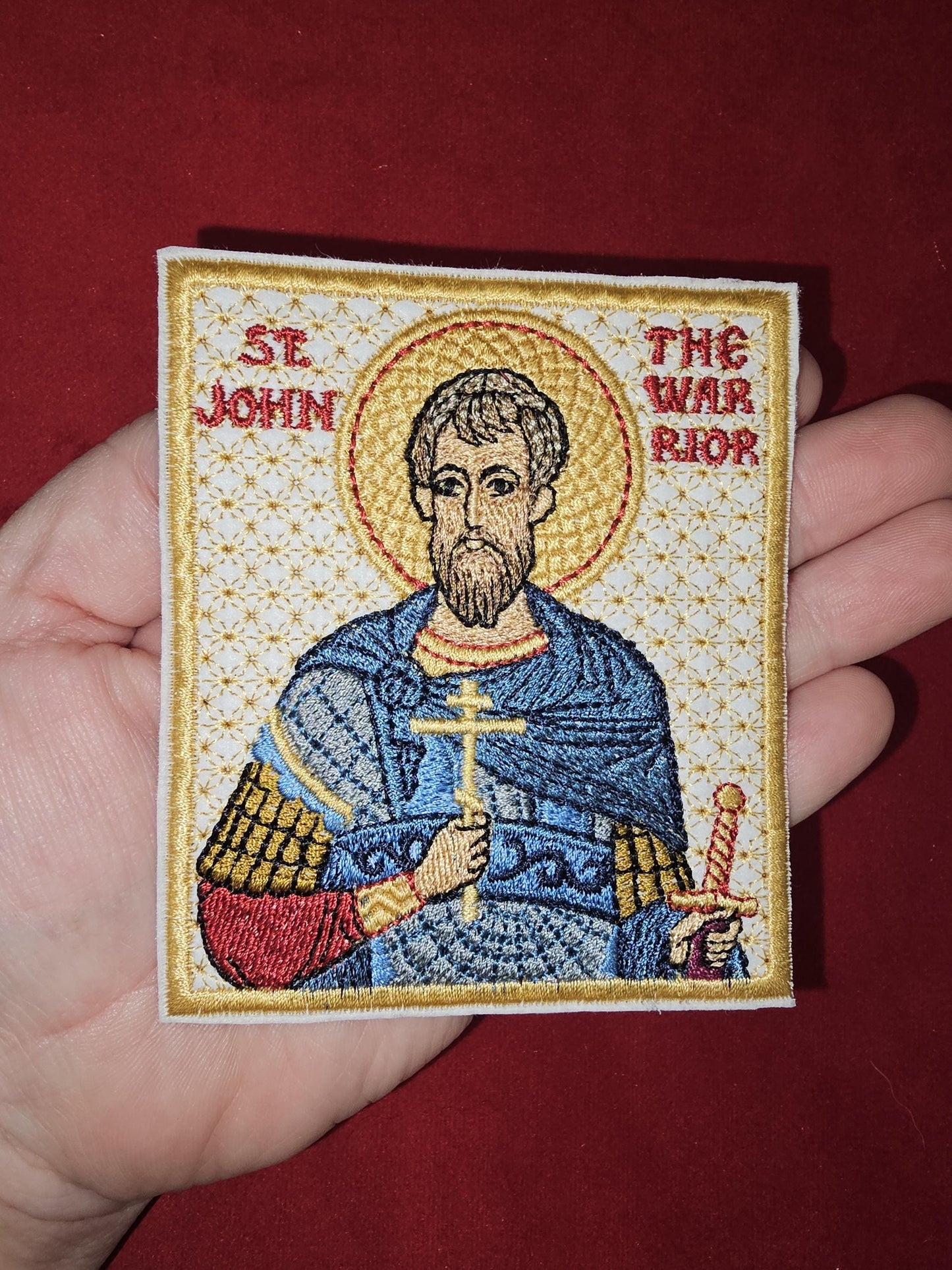 Handmade Embroidered Orthodox Pocket Icon of St. John the Warrior - 4x3.4 inches