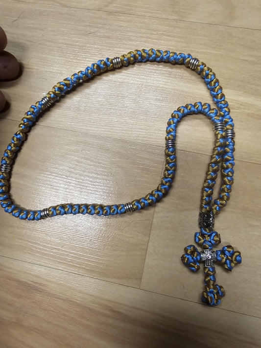 100 knot Sky Blue and Gold Orthodox Prayer Rope Komboskini-Brojanica~Chotki