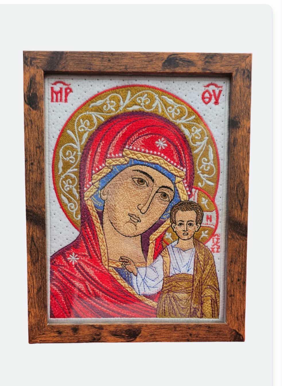 6x8 Our Lady of Kazan Orthodox Embroidered Icon | Machine Embroidered Religious Wall Art
