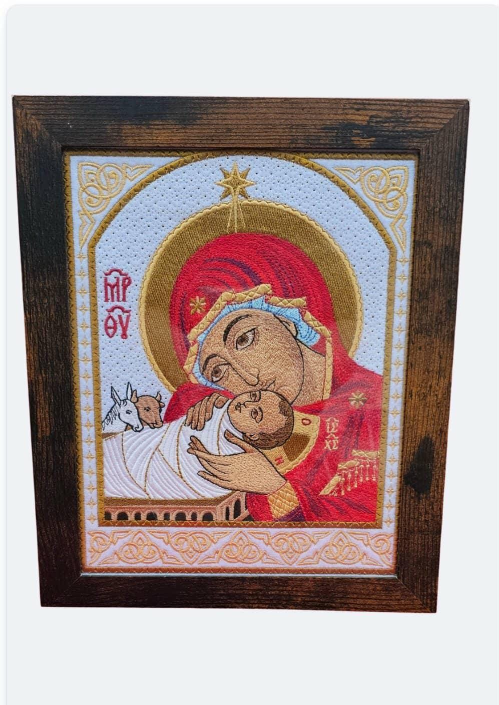Embroidered Nativity Icon  Theotokos & Christ Child, Orthodox Wall Art