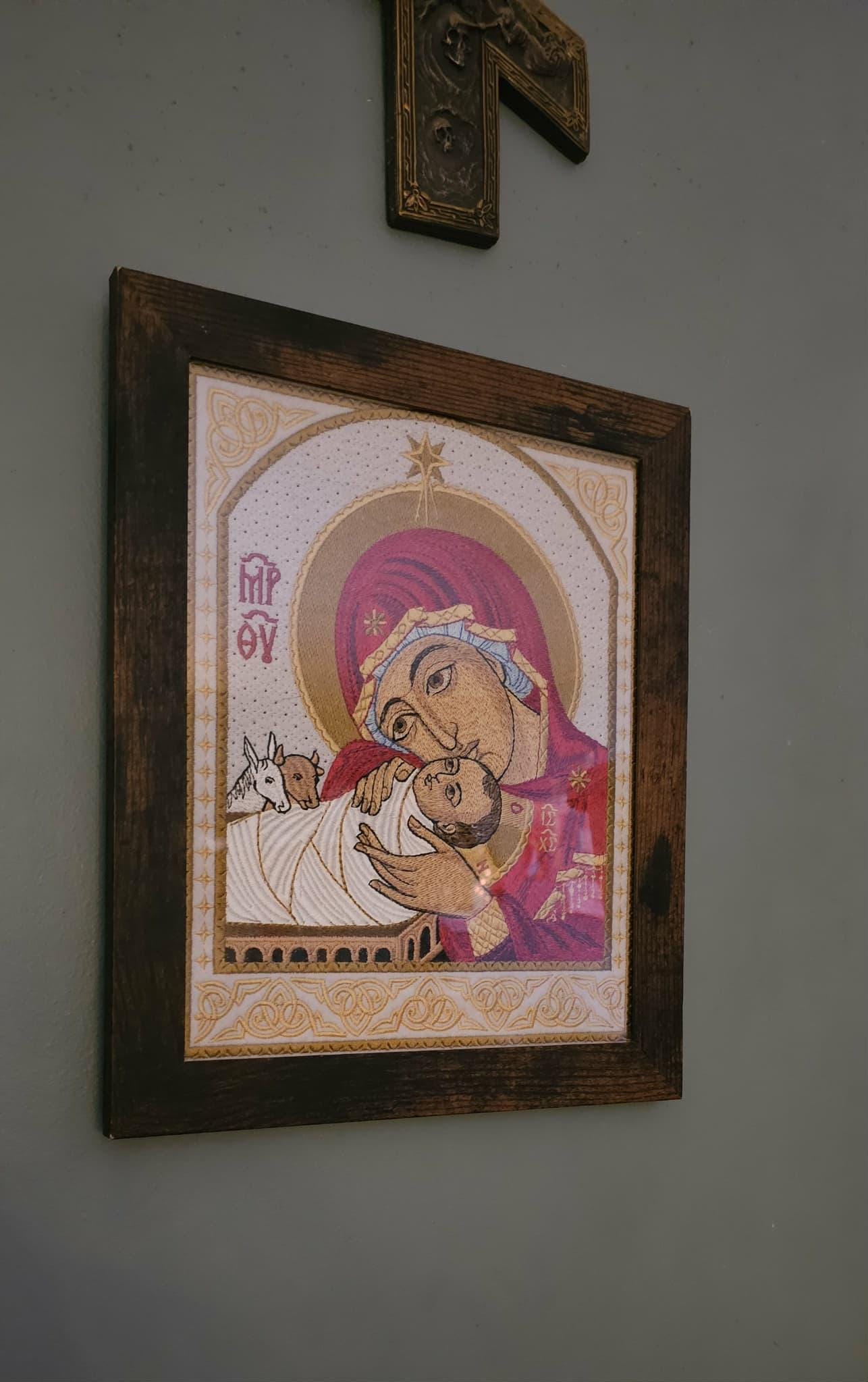 Embroidered Nativity Icon  Theotokos & Christ Child, Orthodox Wall Art