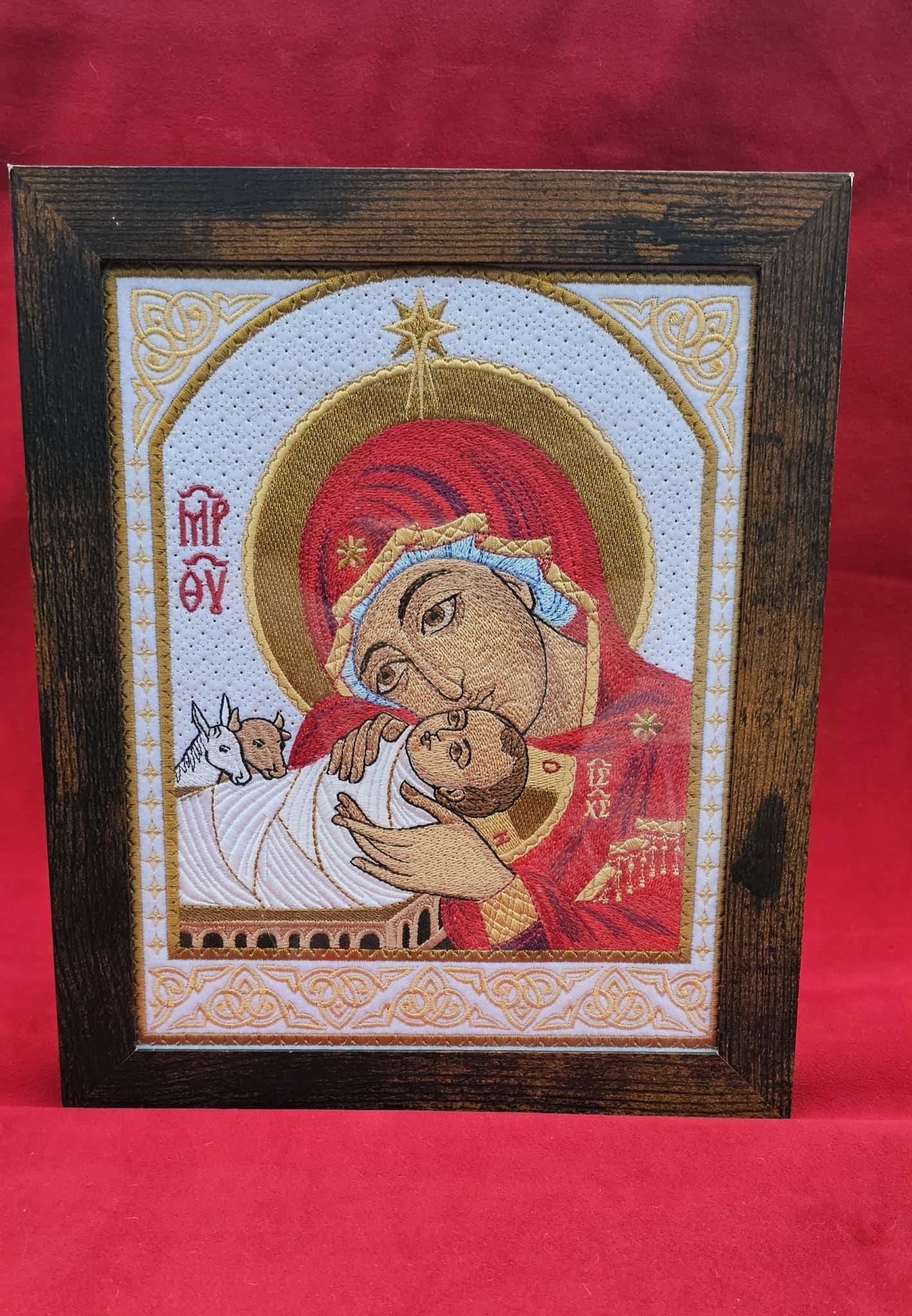 Embroidered Nativity Icon  Theotokos & Christ Child, Orthodox Wall Art