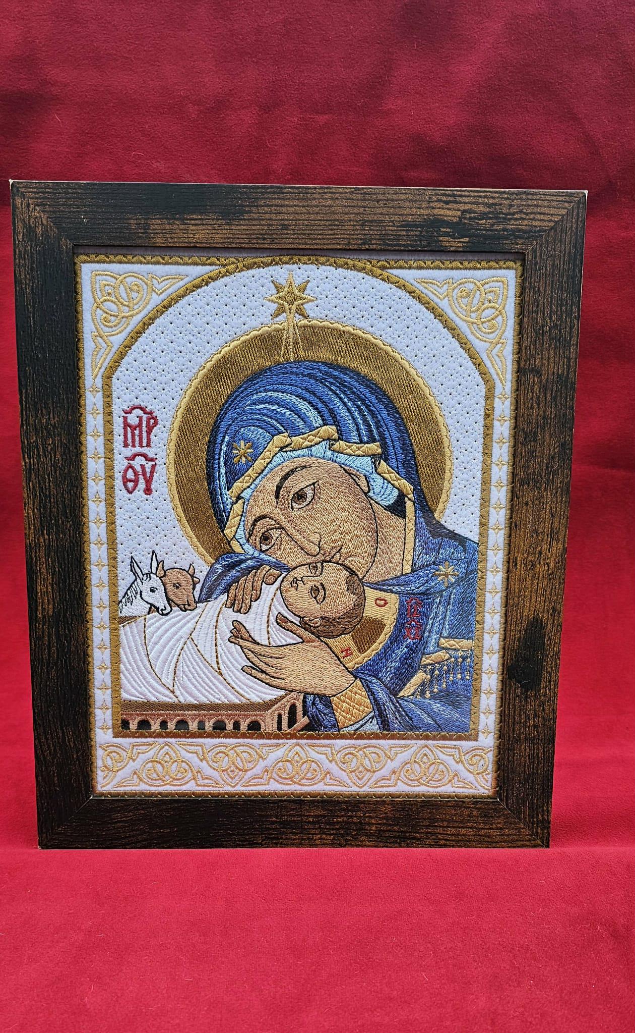 Embroidered Nativity Icon  Theotokos & Christ Child, Orthodox Wall Art