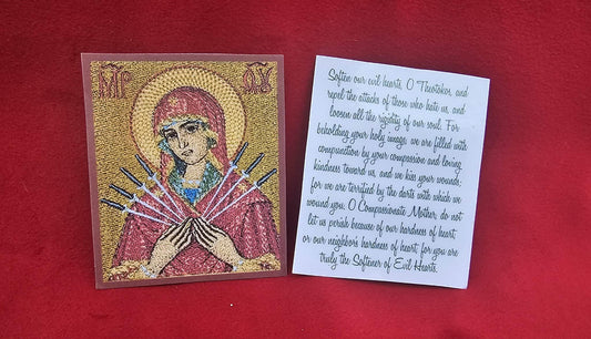 Mother of God “Softener of Evil Hearts Laminated Orthodox Prayer Card  2.38"x2.75"  Seven Arrows Theotokos Pocket Icon