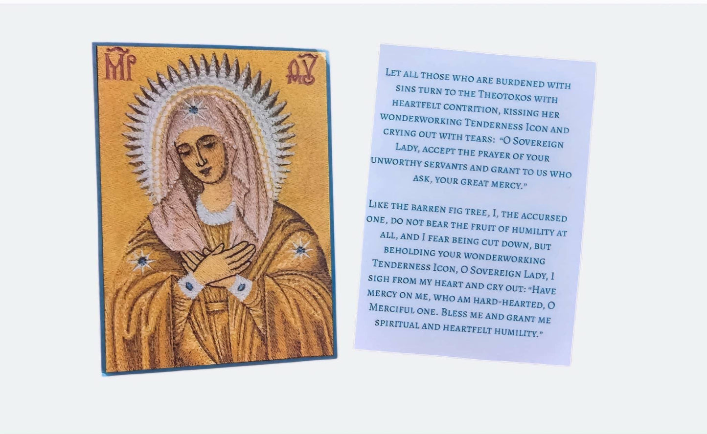 Theotokos “Tenderness Prayer Card  Laminated Orthodox Icon  2.38" x 3.25"
