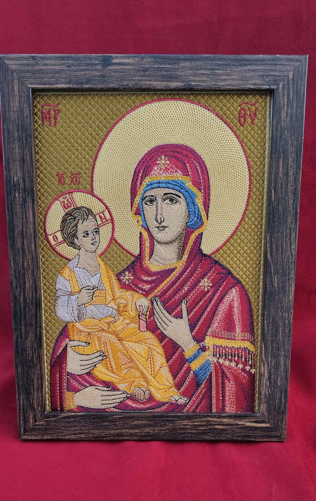 8x11 Fully Embroidered Three-Handed Theotokos Icon | Panagia Tricherousa | Byzantine Orthodox Christian Icon | Framed