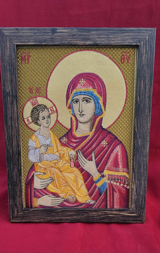 8x11 Fully Embroidered Three-Handed Theotokos Icon | Panagia Tricherousa | Byzantine Orthodox Christian Icon | Framed