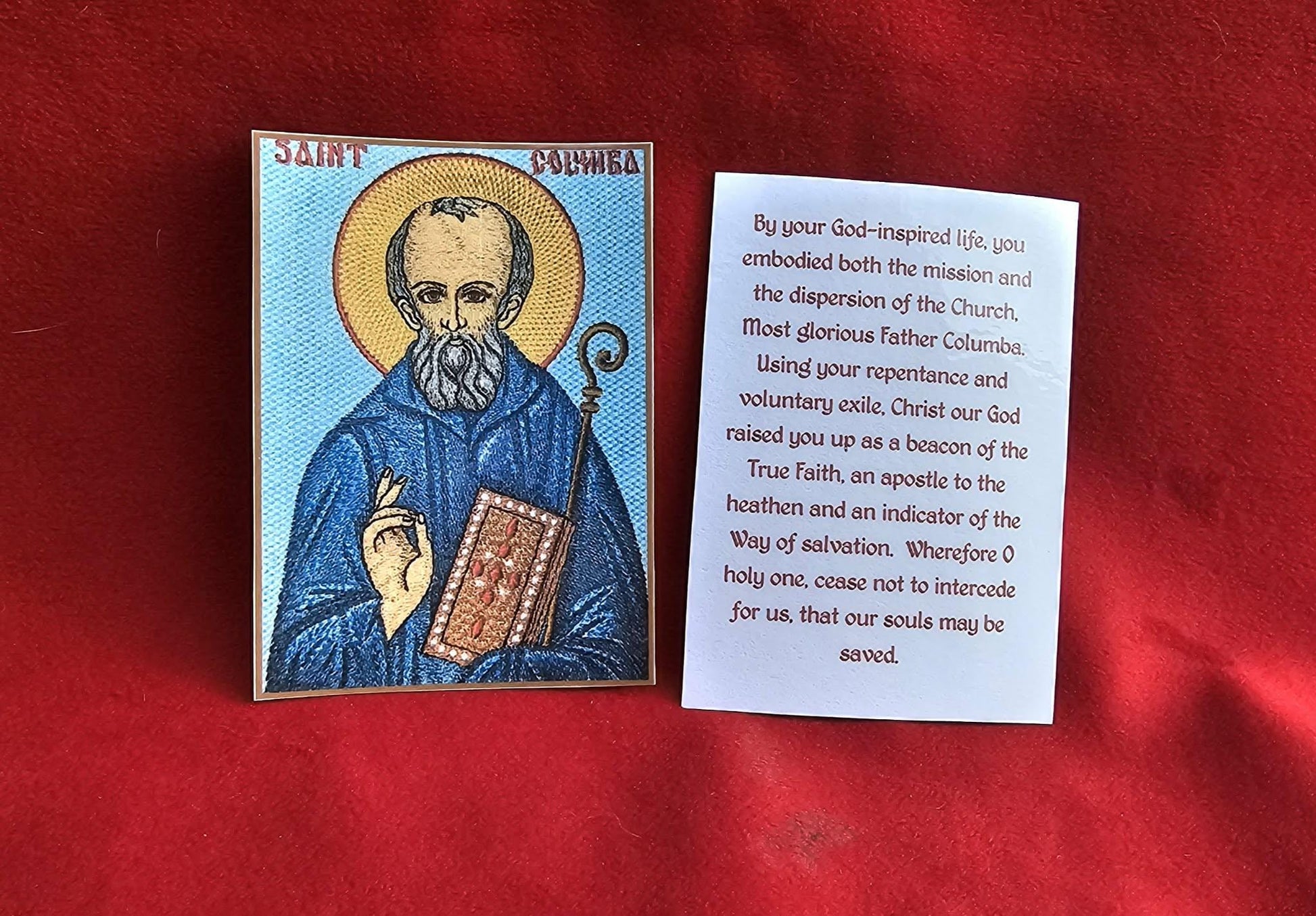 Saint Columba of Iona Prayer Card Orthodox Christian Embroidered Holy Card Orthodox Icon – Prayer Card – – Embroidered – 2.38 x 3.38 inches