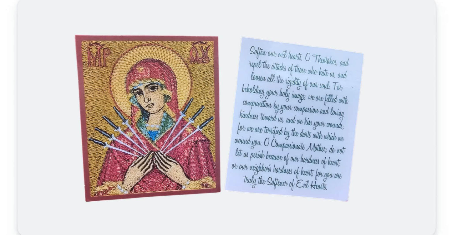 Mother of God “Softener of Evil Hearts Laminated Orthodox Prayer Card  2.38"x2.75"  Seven Arrows Theotokos Pocket Icon