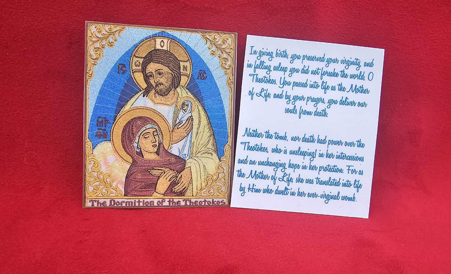 Dormition of the Theotokos Prayer Card  Laminated Orthodox Icon  2.38"x2.88"  Mother of God Falling Asleep