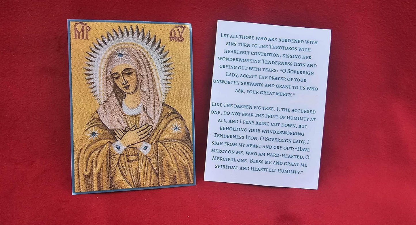 Theotokos “Tenderness Prayer Card  Laminated Orthodox Icon  2.38" x 3.25"