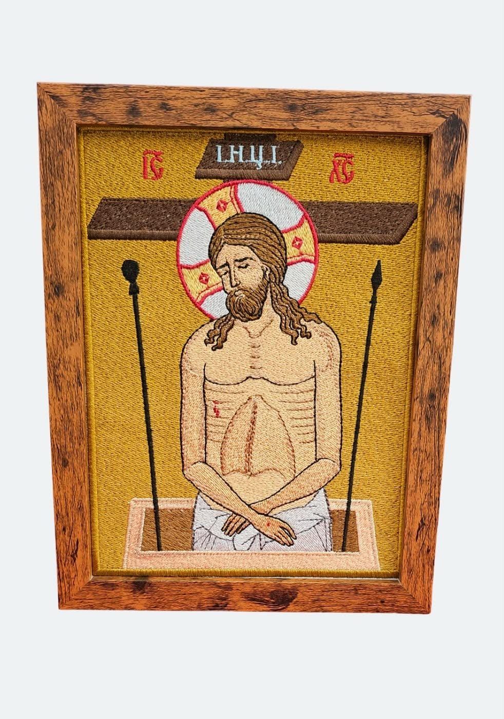 Christ in the Tomb  6 x 8 Embroidered Orthodox Icon  Framed  Traditional Byzantine Style
