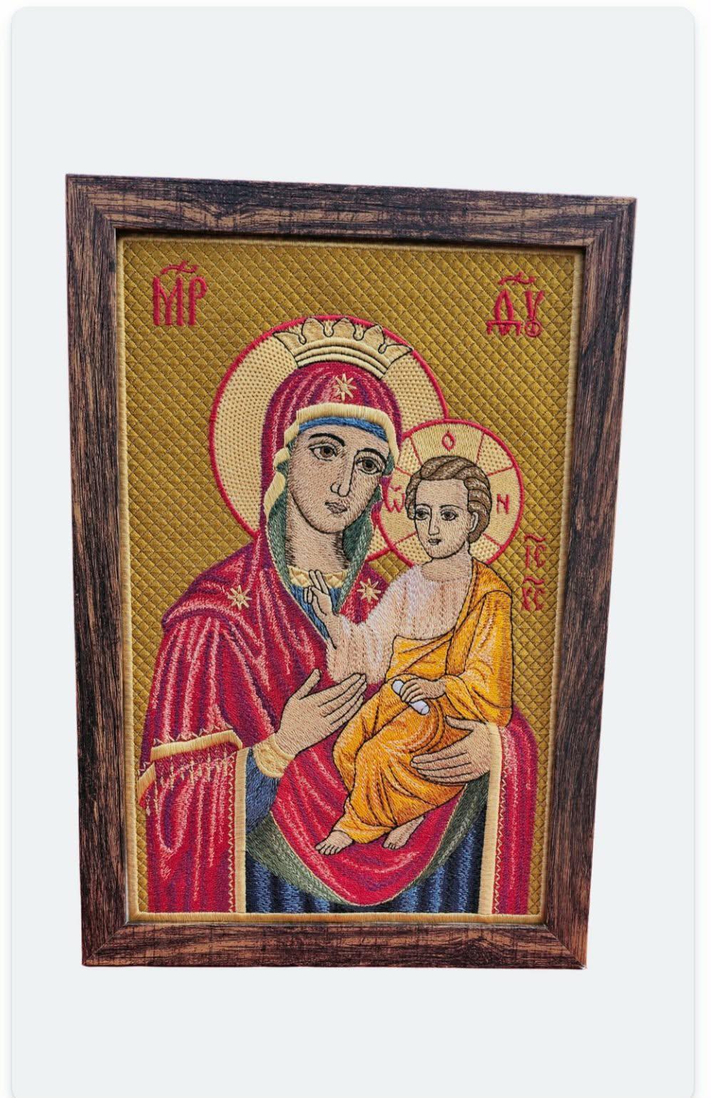 Orthodox Icon of the Mother of God “Quick to Hear (Gorgoepikoos)  Machine Embroidered Byzantine Icon  8×12 Framed