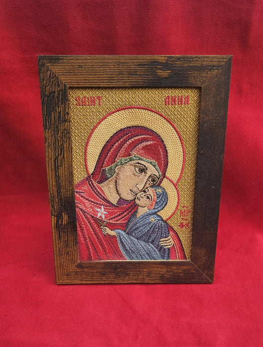 Saint Anna with the Theotokos Embroidered Orthodox Icon, 5×7 Framed Christian Wall Art, Handmade Religious Gift