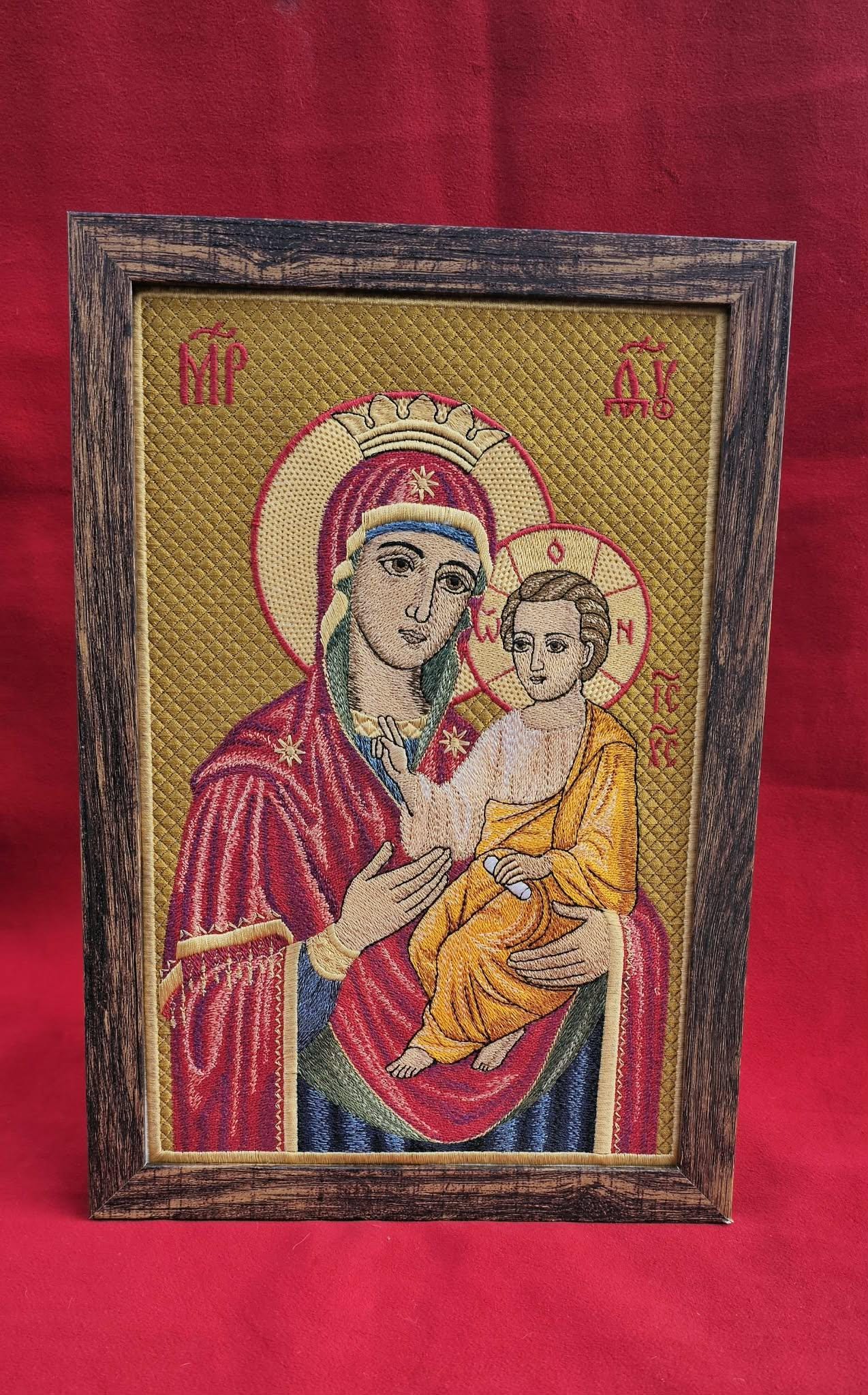 Orthodox Icon of the Mother of God “Quick to Hear (Gorgoepikoos)  Machine Embroidered Byzantine Icon  8×12 Framed