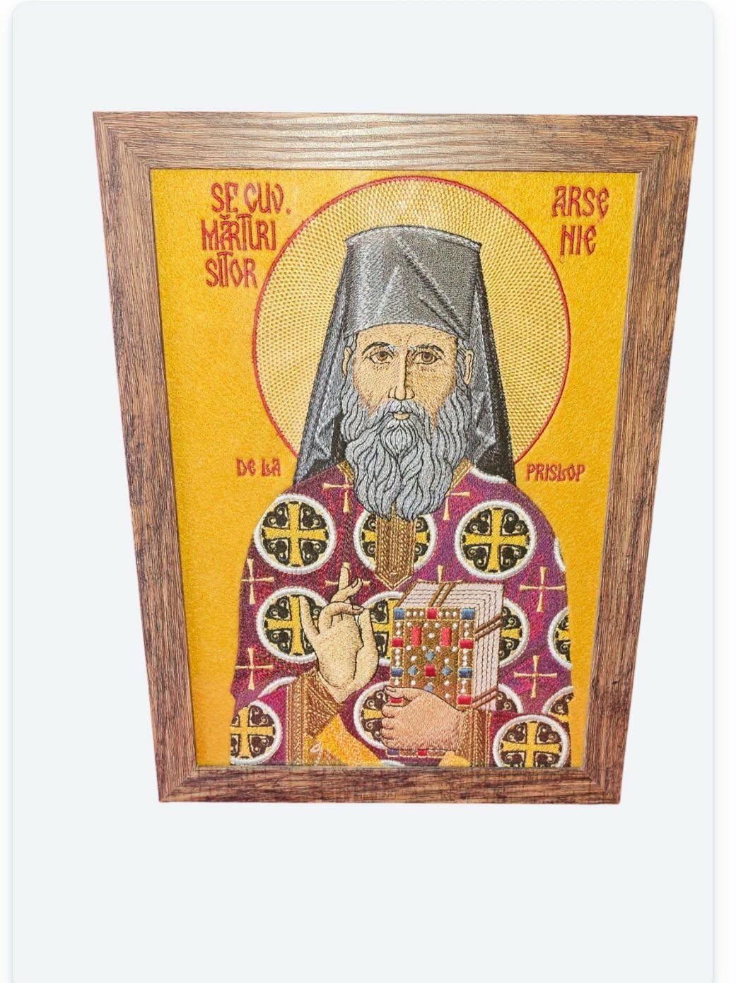 Saint Arsenie Boca Orthodox embroidered icon, 7x11, 8x11, framed
